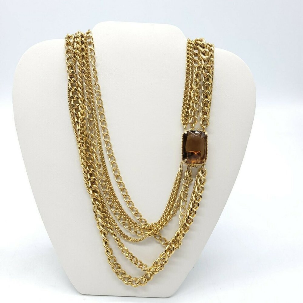 Heavy Faceted Topaz Glass Rhinestone Multi-Strand Chain Link Necklace Vintage 35$